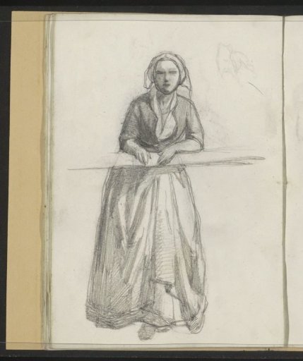 Woman leaning on a horizontal wooden beam