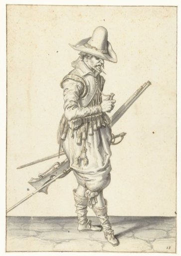 Soldier with a musket opening a powder measure