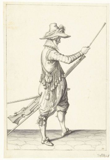 Soldier sliding his ramrod into the holder under the barrel of his musket