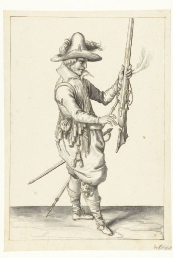Soldier holding his musket upright with his left hand
