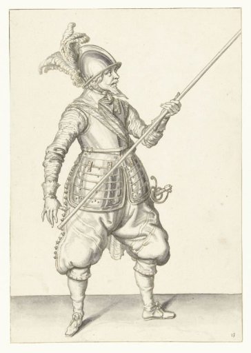 Soldier carrying his spear with his left hand by his right side, the point angled upwards