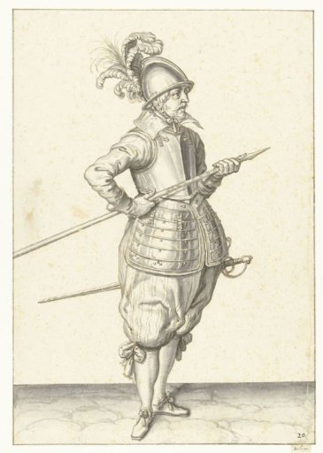 Soldier carrying his spear with both hands by his right side, the point angled upwards and close to his stomach