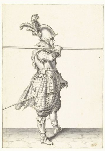 Soldier carrying his spear horizontally on his right shoulder