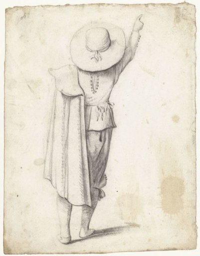 Standing boy with a cloak, seen from behind