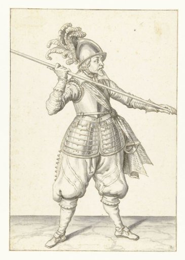 Soldier carrying his spear with both hands far apart above his right shoulder, the point angled towards the ground