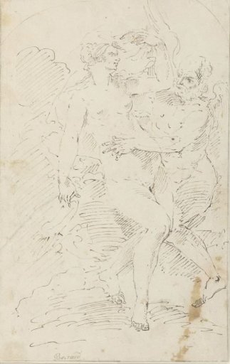 Winged old man embraces naked young woman