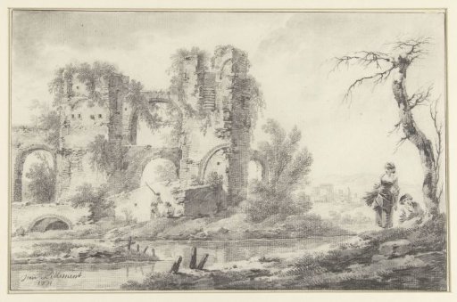 Ruin by a river with a boy and a girl on the right
