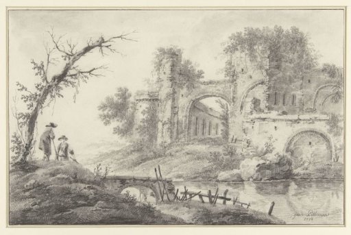 Ruin by a river with two peasants