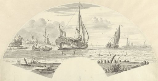 View of several boats on the water and a mill near a church