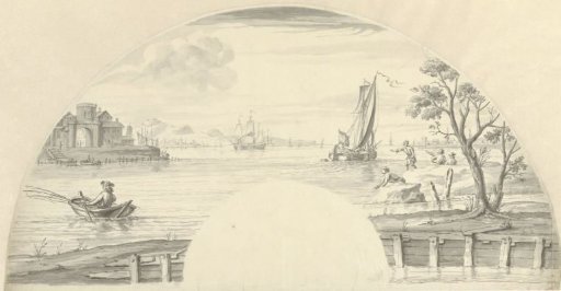 View of several boats on the water, a fishing man and a city gate