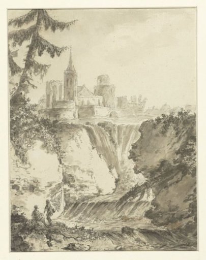 Ruined church building by a waterfall