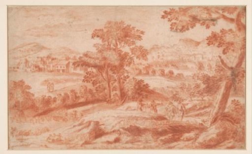 Wooded and hilly landscape with walkers