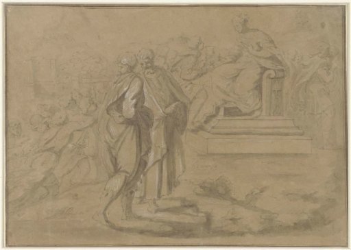 Youth gives a chalice to a woman on a throne