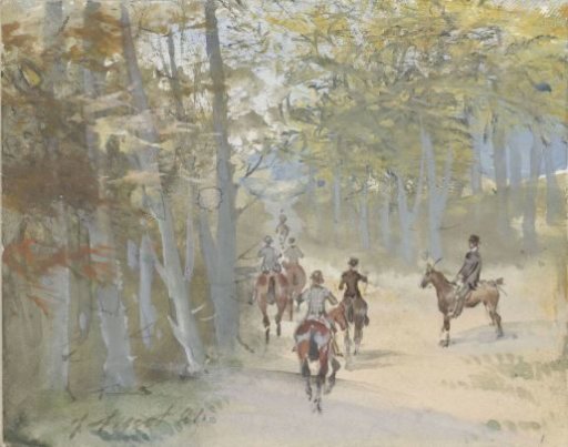 Wooded landscape with riders