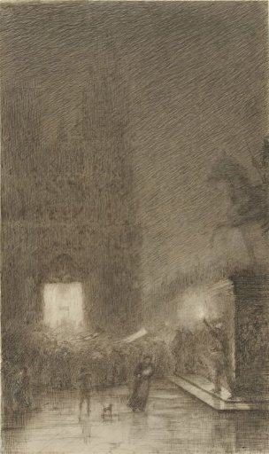Gathering in the evening before a cathedral