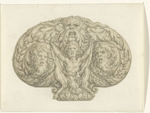 Sitting satyr between three heads and leaf motifs