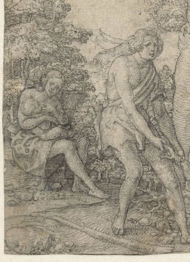 Adam ploughs the earth, Eve suckles her child