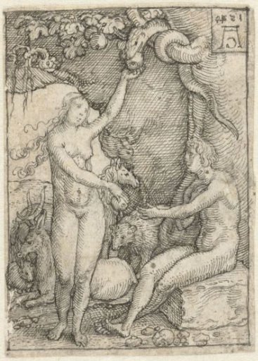 Eve hands Adam the Apple under the tree with the snake