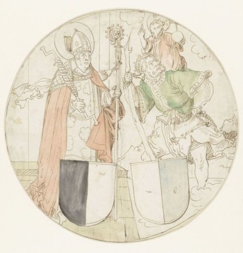 Saints Christopher and Erasmus, Each with a Coat of Arms