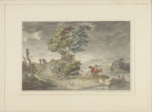 Hilly landscape with shepherd and walkers under a threatening sky