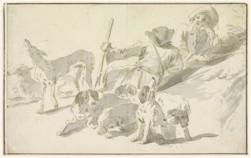 Hunters Resting with Dogs