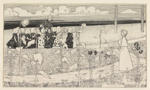 School Class of Girls with Supervisors in a Landscape with Sunflowers