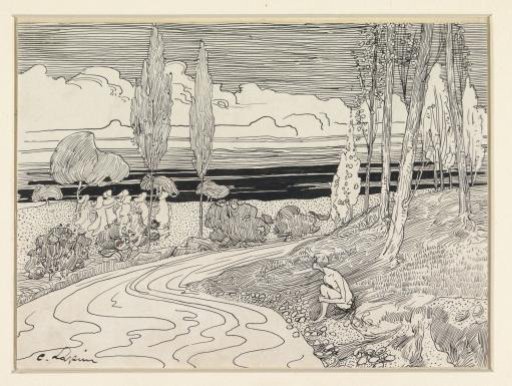 Dancing women in a landscape; a boy sits by the side of the road
