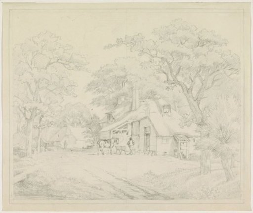 Horse in front of a house among trees