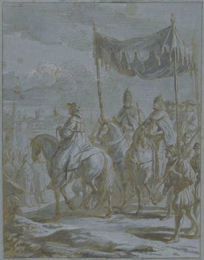 Entry of the procession of an emperor and pope into a city