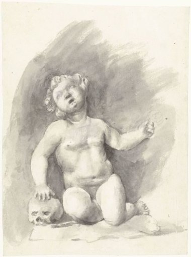 Statue of a naked boy sitting next to a skull