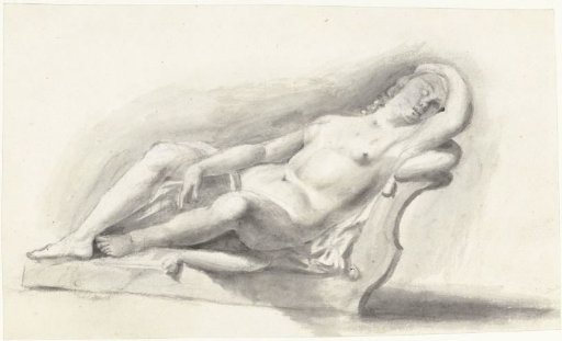Statue of a naked woman, lying on a bank cushion