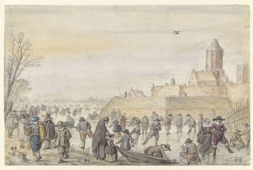 Winter Scene on the Frozen Canal near the Kalverhekkenpoort, Kampen / verso: Sketches of Figures on the Ice