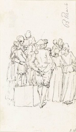 Group of standing figures, seen from the back