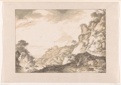 Mountainous landscape with a farm on the right