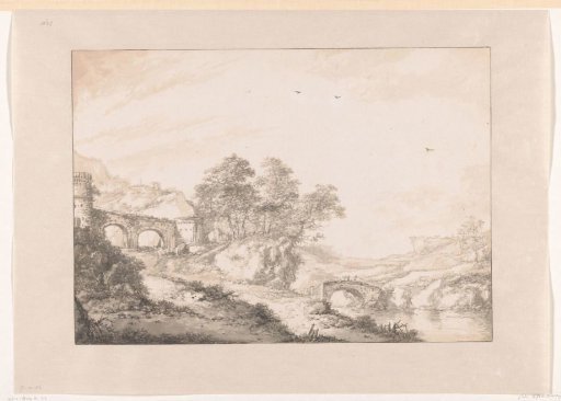 Mountainous landscape with a stone bridge and wall