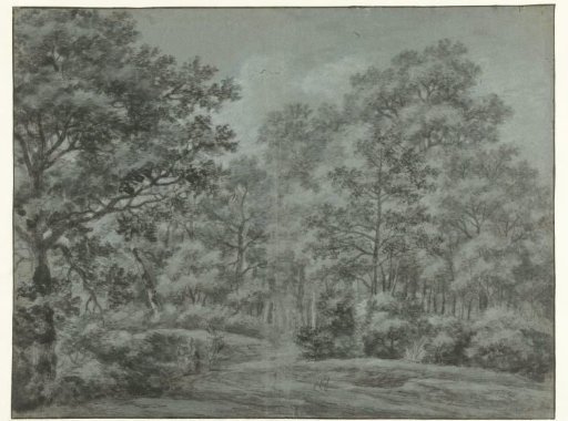 Woodland view with a few figures along a path