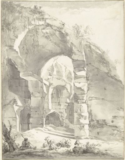 Roman Ruins with a Shepherd and a Flock of Sheep and Goats