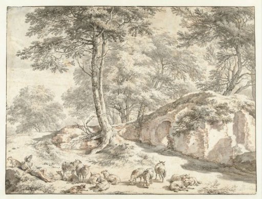 Shepherd with Sheep near a Ruin among Trees