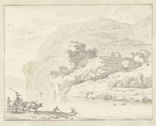 Italianate Mountain Landscape with Herders and Cattle, and Two Figures in a Boat Crossing the River