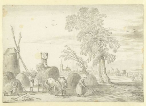 Haymaking farmers with The Hague in the distance