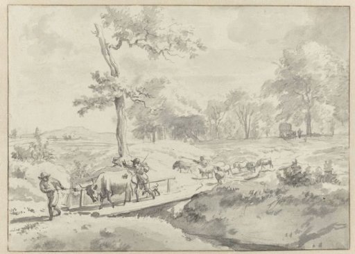 Landscape with shepherds by a small bridge