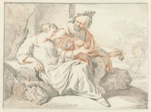 Seated Woman Receiving Money from a Man
