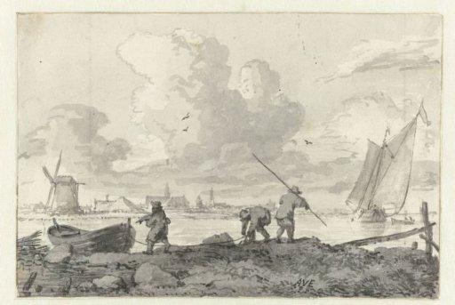 Fishermen with their rowing boat at the Spaarne near Haarlem