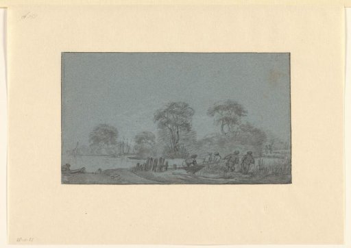 River view with a boat being pulled by four men