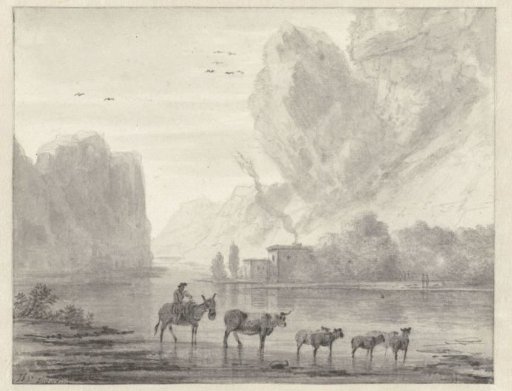 Rocky River Landscape with a Herder with his Cattle and Sheep