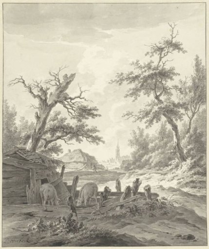 Landscape with a pigsty in the foreground