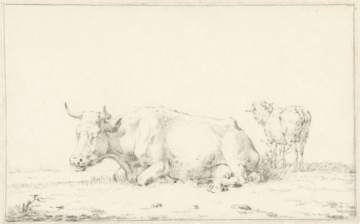 Lying cow, a sheep to the left and right