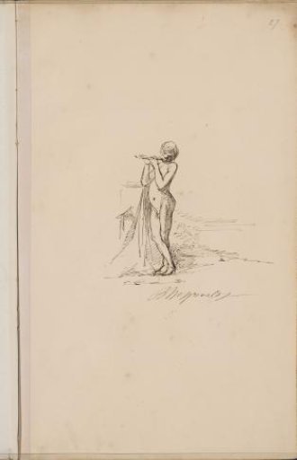 Naked boy playing the flute