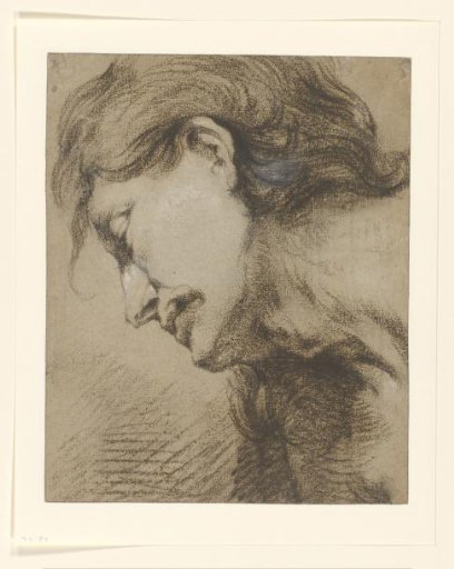 Man's head with long hair, looking down to the left