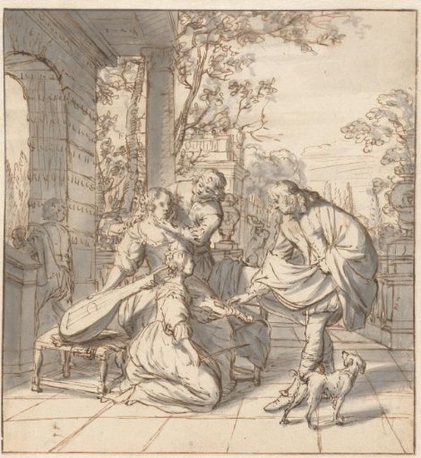 Two musical and affectionate young couples on a terrace